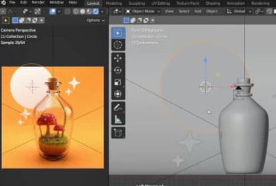 A Blender workspace depicting a bottle in 3d.