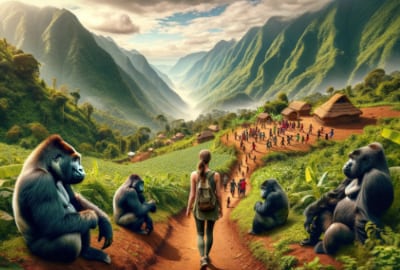 A young woman surrounded by gorillas and mountains in an African village. Image created in Dall-e